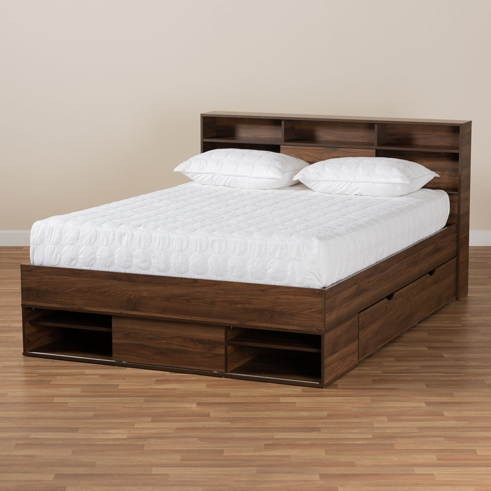 Tristan Walnut Brown Finished 1-Drawer Queen Size Storage Bed With Shelves