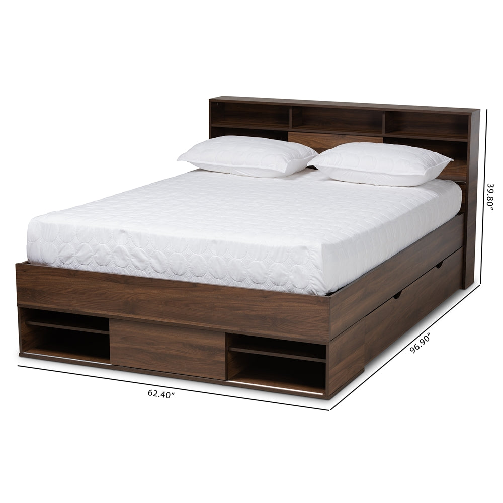 Tristan Walnut Brown Finished 1-Drawer Queen Size Storage Bed With Shelves