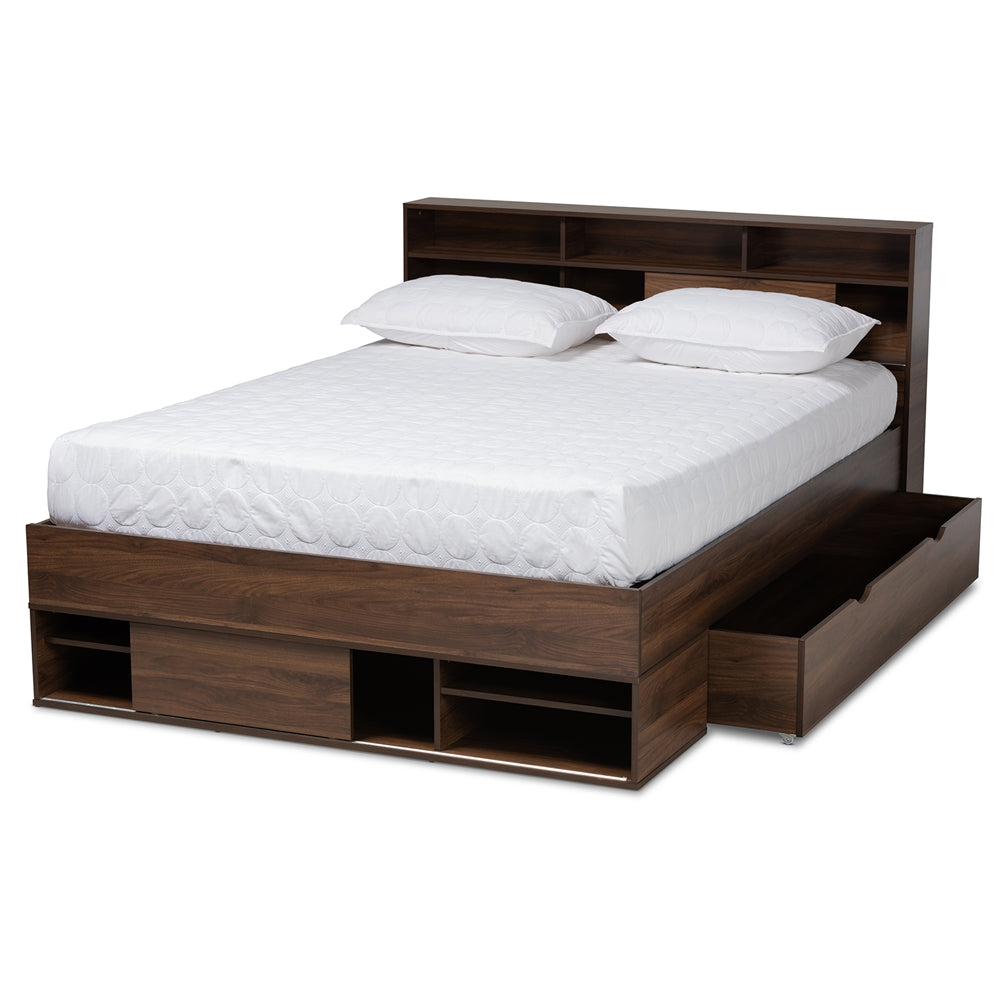 Tristan Walnut Brown Finished 1-Drawer Queen Size Storage Bed With Shelves