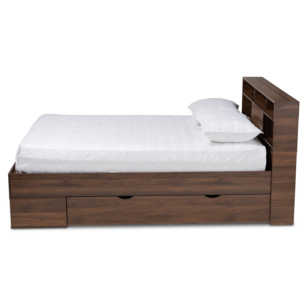 Tristan Walnut Brown Finished 1-Drawer Queen Size Storage Bed With Shelves