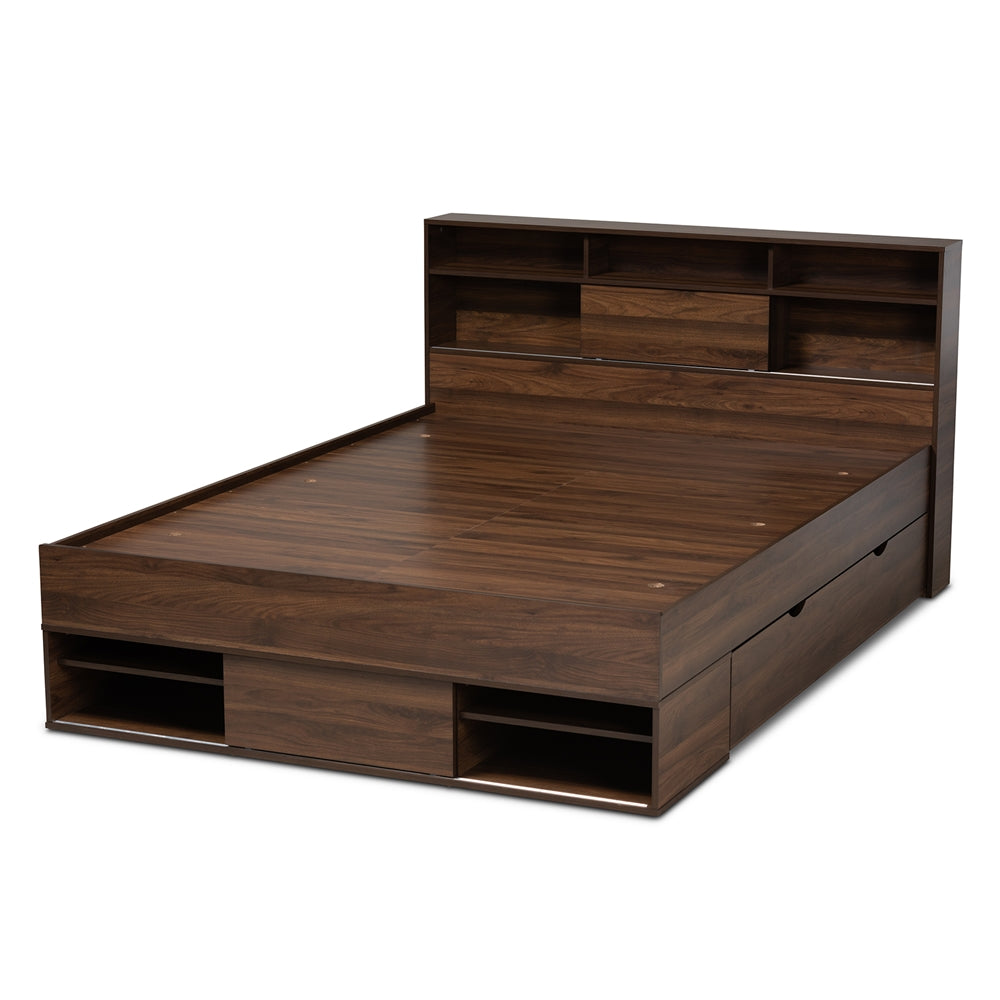 Tristan Walnut Brown Finished 1-Drawer Queen Size Storage Bed With Shelves