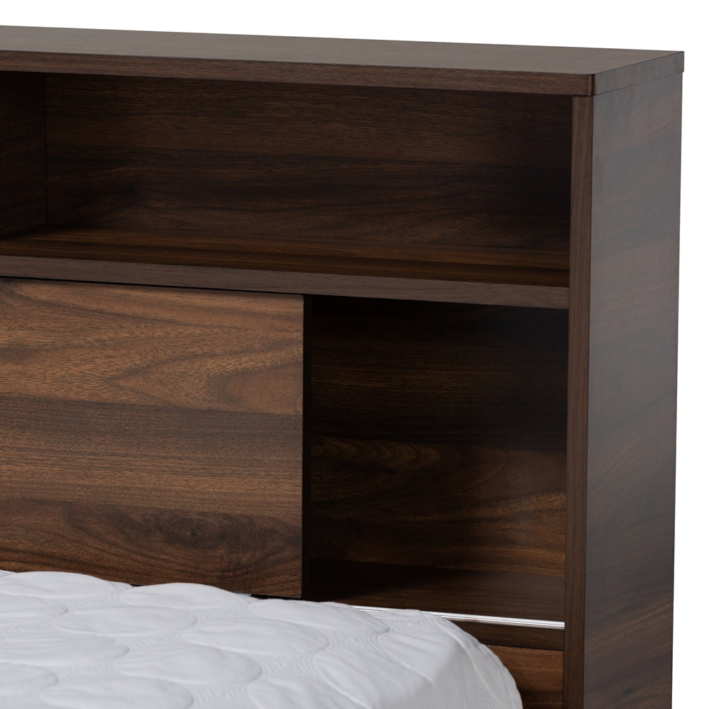 Tristan Walnut Brown Finished 1-Drawer Queen Size Storage Bed With Shelves