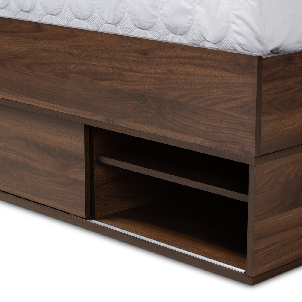 Tristan Walnut Brown Finished 1-Drawer Queen Size Storage Bed With Shelves