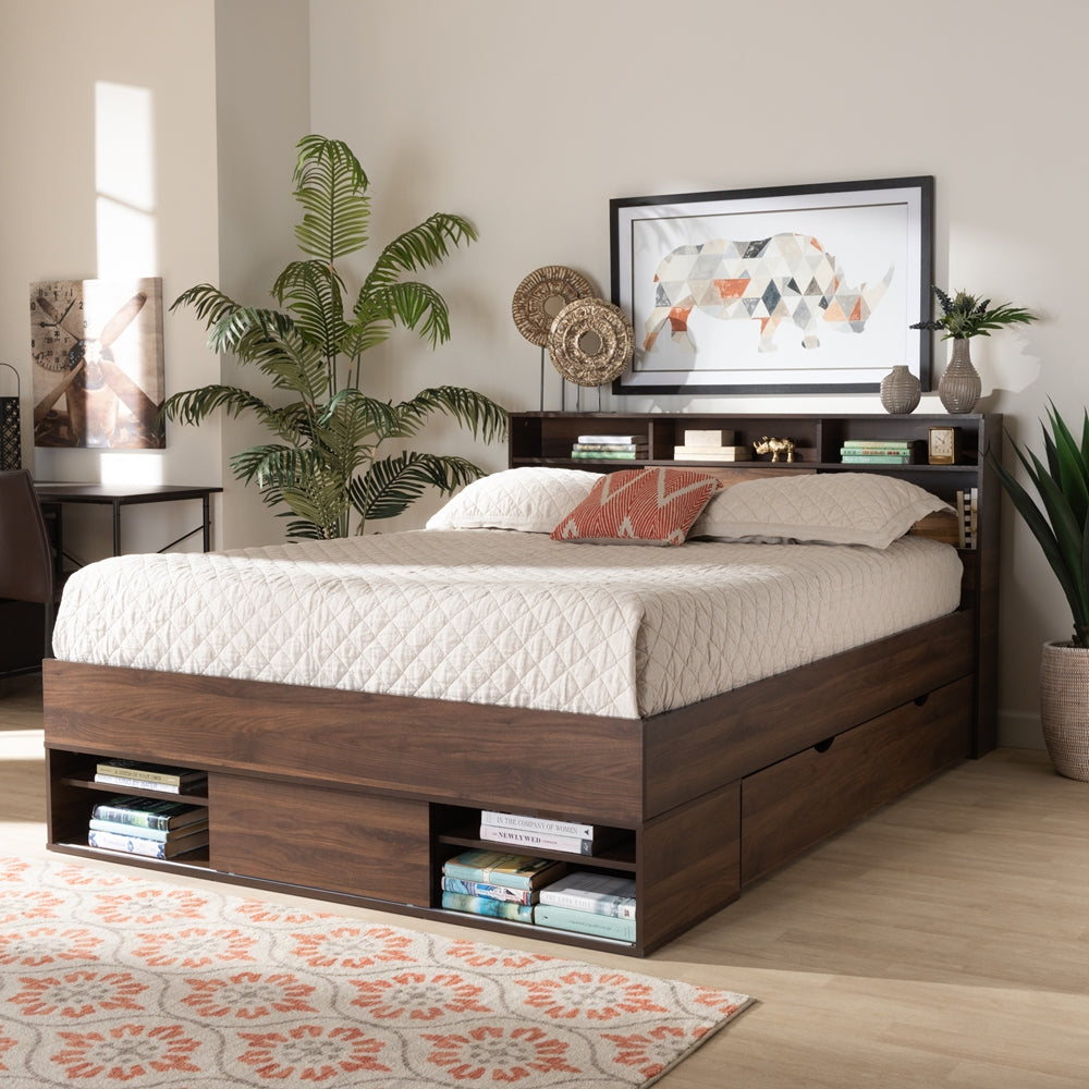 Tristan Walnut Brown Finished 1-Drawer Queen Size Storage Bed With Shelves