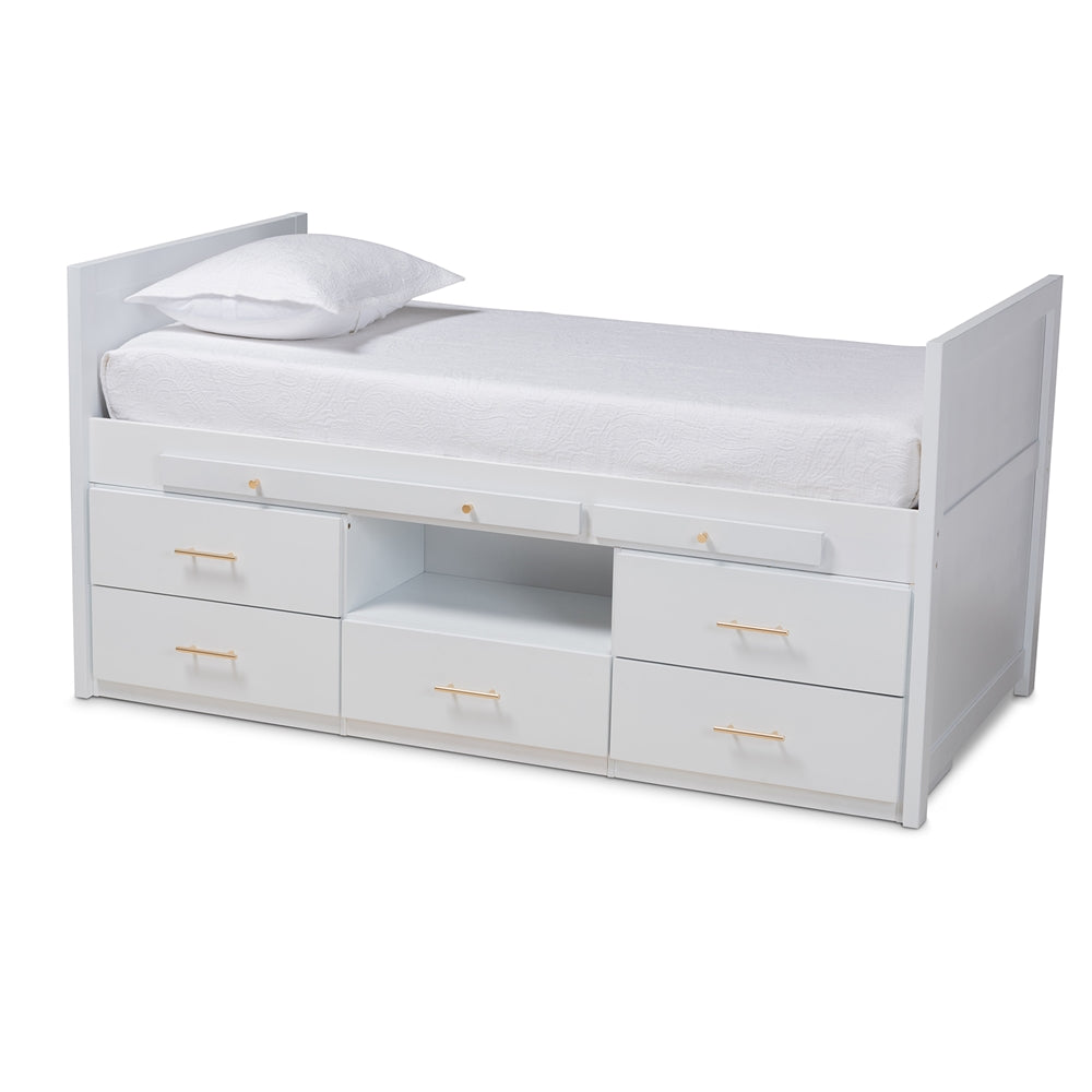 Mirza White Finished Wood 5-Drawer Twin Size Storage Bed With Pull-Out Desk