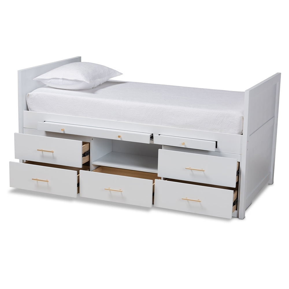 Mirza White Finished Wood 5-Drawer Twin Size Storage Bed With Pull-Out Desk