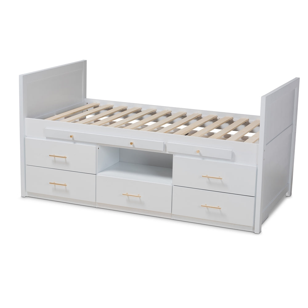 Mirza White Finished Wood 5-Drawer Twin Size Storage Bed With Pull-Out Desk