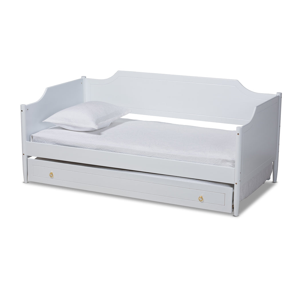 Alya Classic White Finished Wood Twin Size Daybed With Roll-Out Trundle Bed