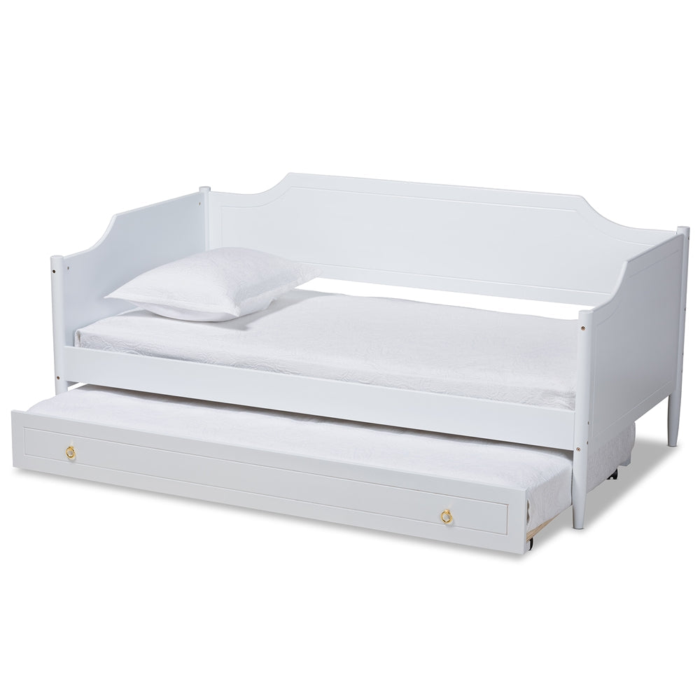 Alya Classic White Finished Wood Twin Size Daybed With Roll-Out Trundle Bed