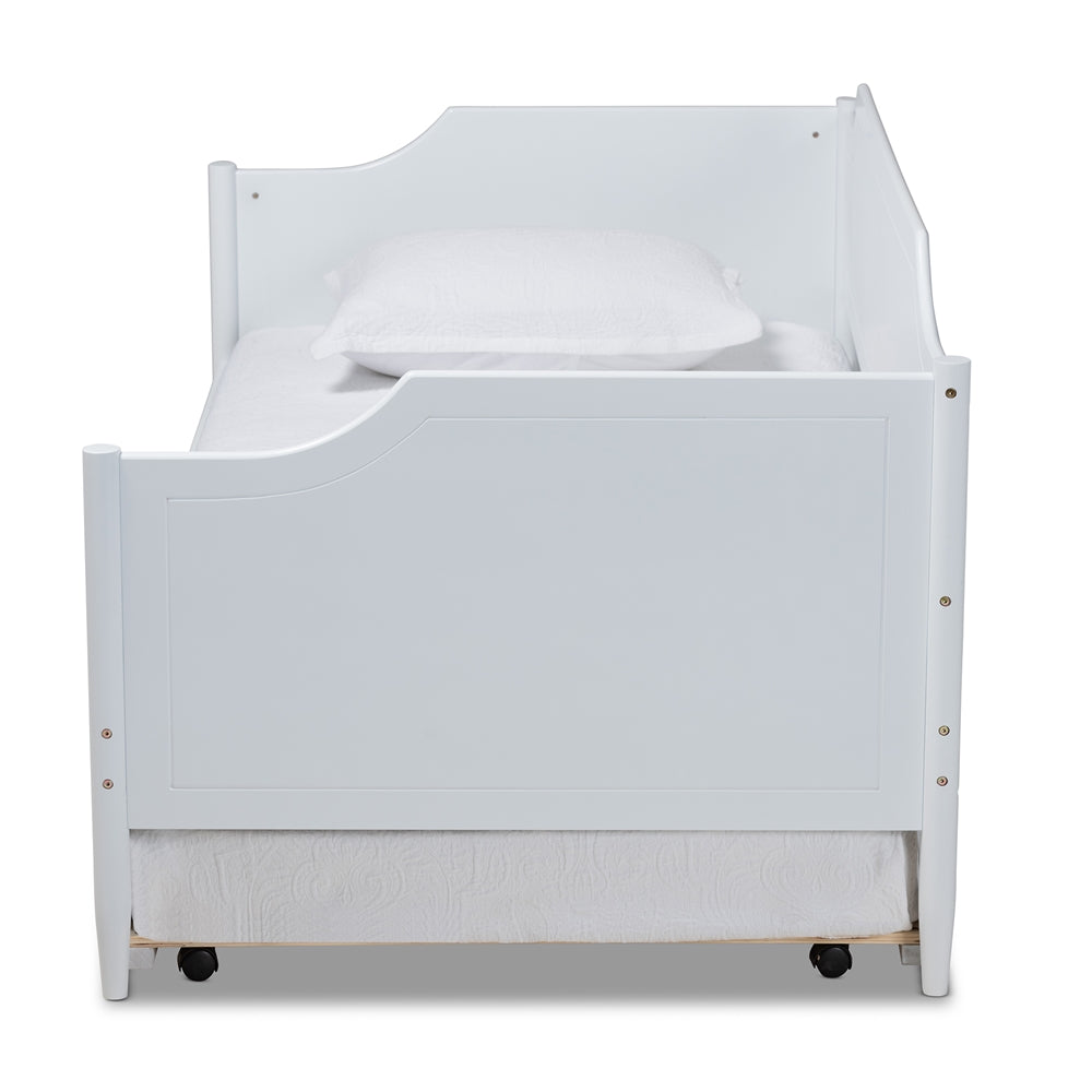 Alya Classic White Finished Wood Twin Size Daybed With Roll-Out Trundle Bed