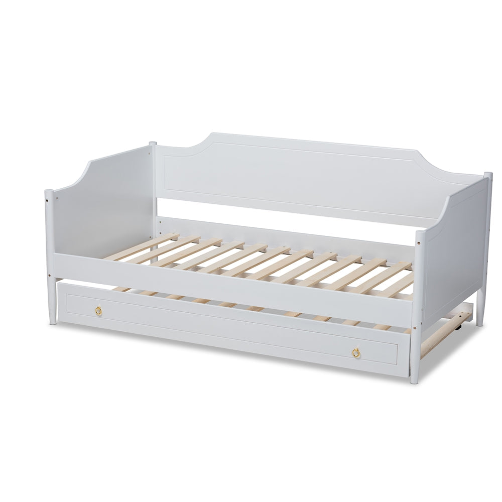 Alya Classic White Finished Wood Twin Size Daybed With Roll-Out Trundle Bed