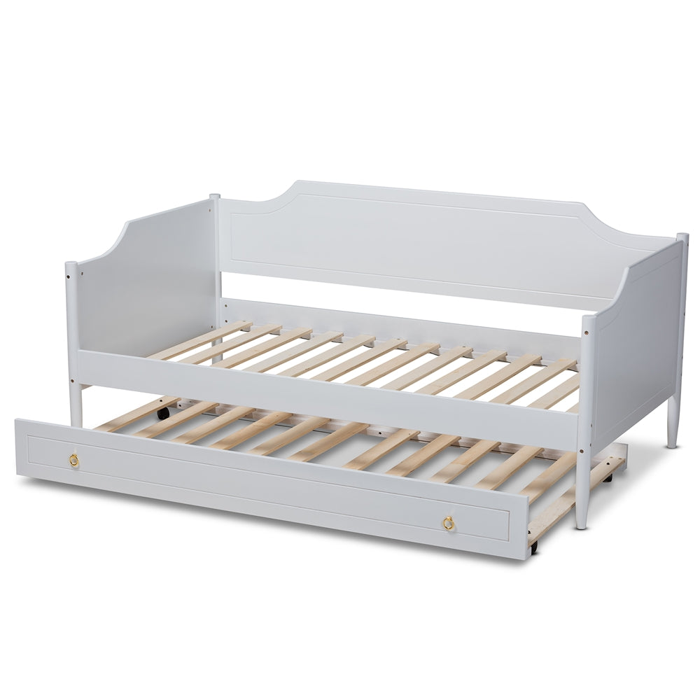 Alya Classic White Finished Wood Twin Size Daybed With Roll-Out Trundle Bed