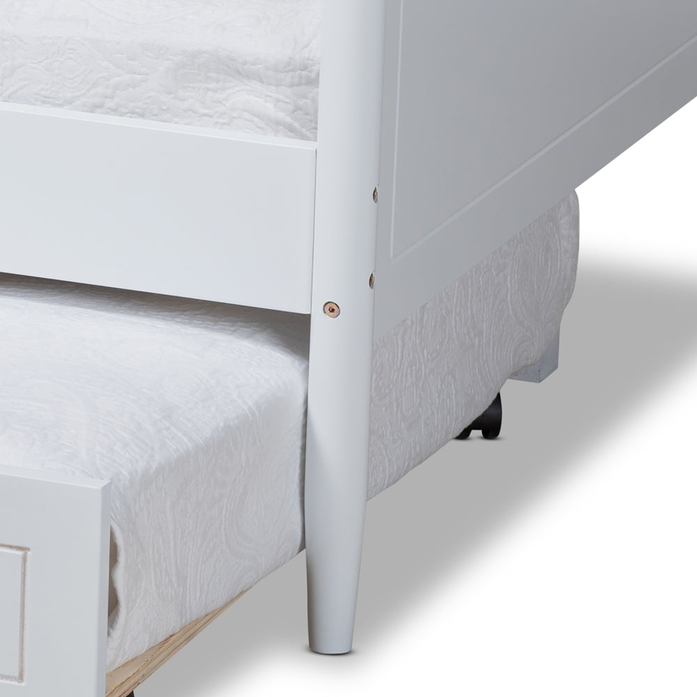 Alya Classic White Finished Wood Twin Size Daybed With Roll-Out Trundle Bed