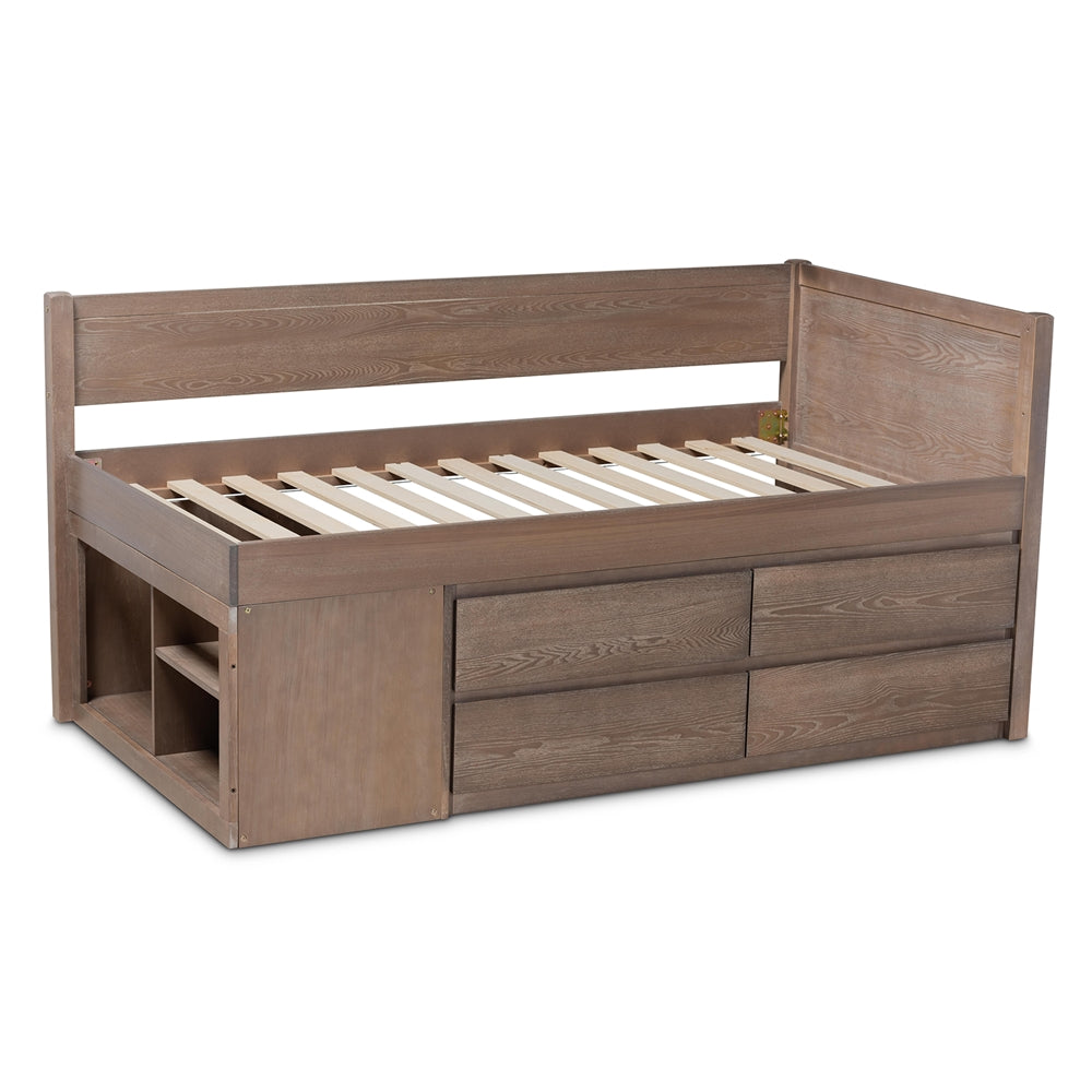 Levon Antique Oak Finished Wood 4-Drawer Twin Size Storage Bed