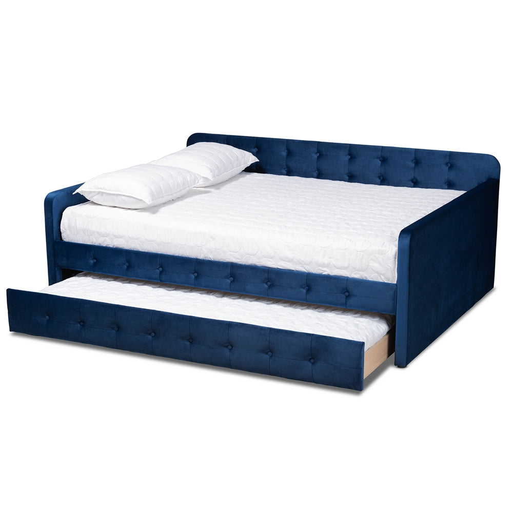 Jona Queen Daybed Navy Blue Velvet Tufted with Trundle