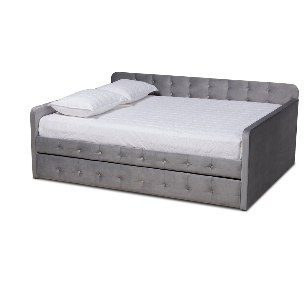 Jona Queen Daybed Grey Velvet Button-Tufted with Trundle Bed
