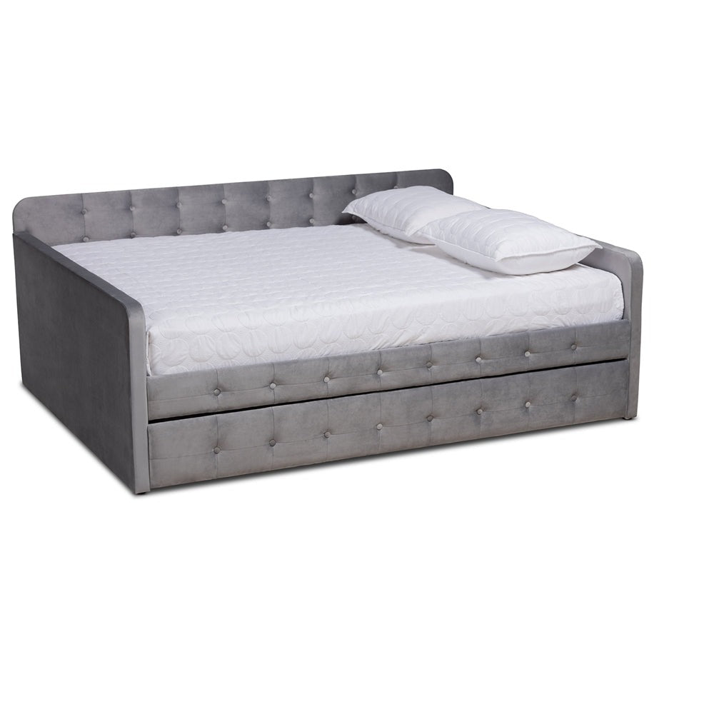 Jona Twin Daybed Modern Grey Velvet Button-Tufted with Trundle