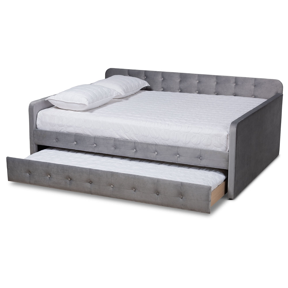 Jona Grey Velvet Fabric and Button Tufted Full Size Daybed with Trundle