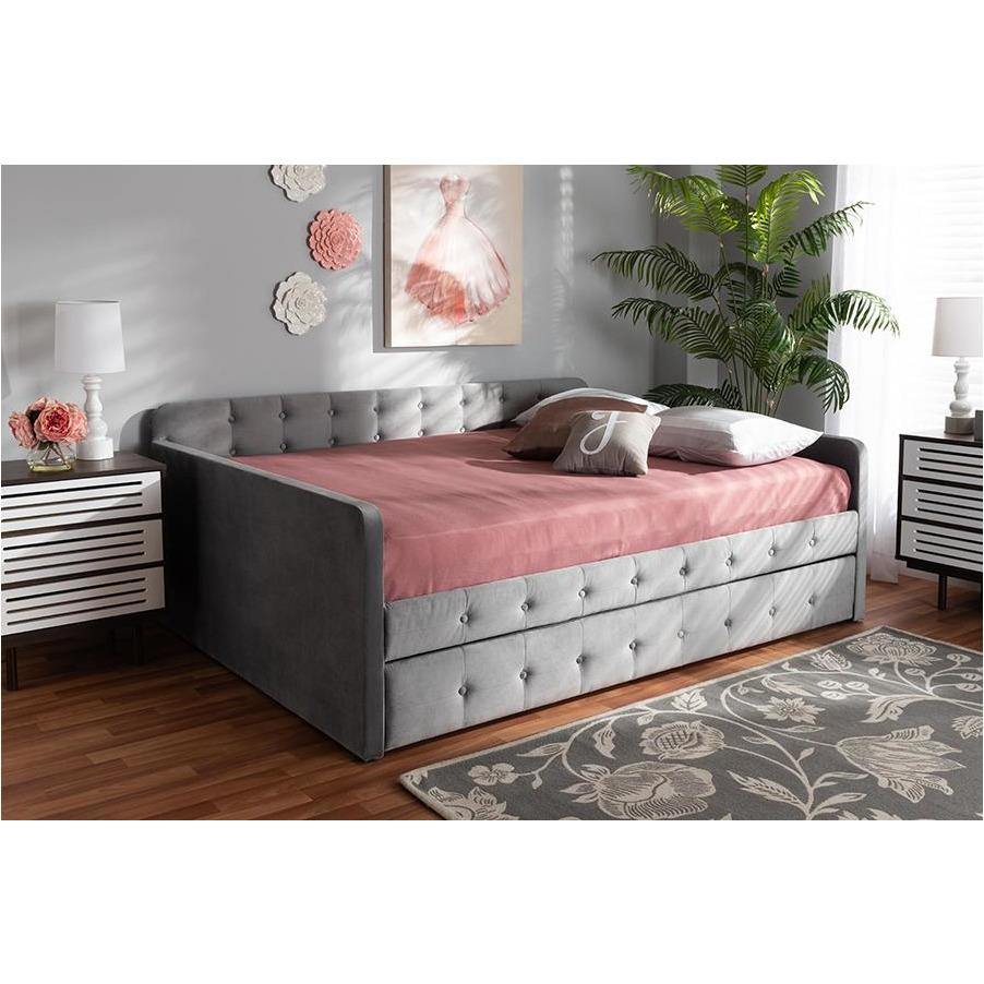 Jona Queen Daybed Grey Velvet Button-Tufted with Trundle Bed