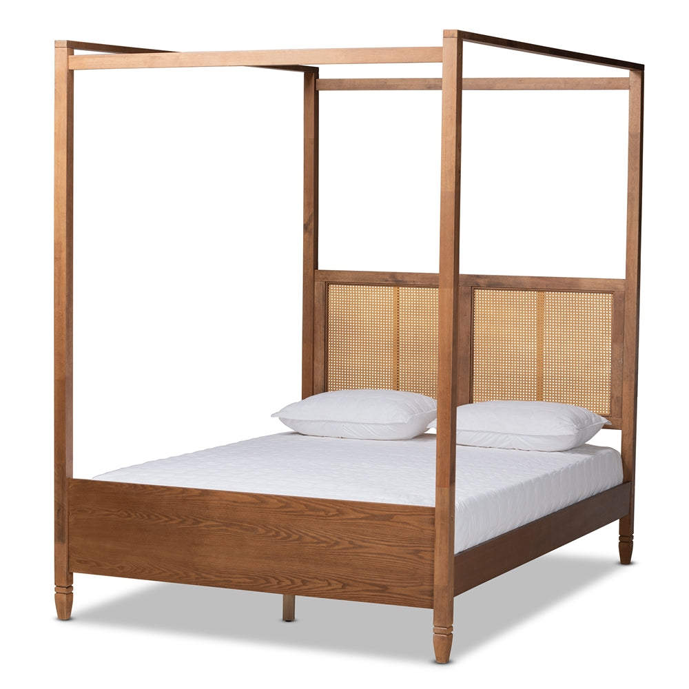 Malia Walnut Brown Finished Wood and Synthetic Rattan Queen Size Canopy Bed