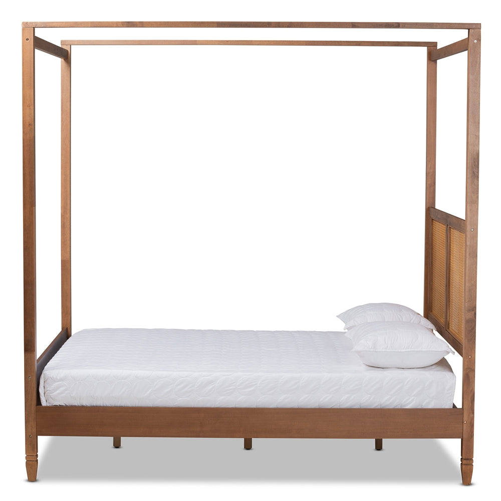 Malia Walnut Brown Finished Wood and Synthetic Rattan Queen Size Canopy Bed