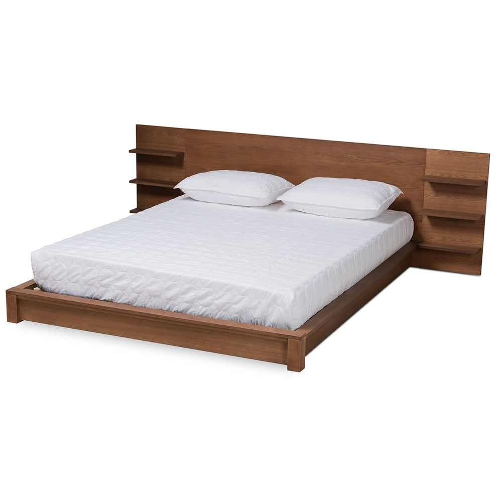 Elina Queen Bed Contemporary Walnut Wood with Storage Shelves