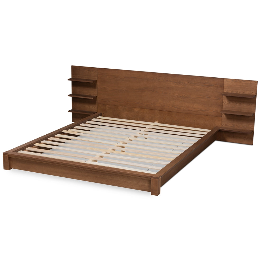 Elina King Bed Modern Walnut Wood with Built-in Storage Shelves