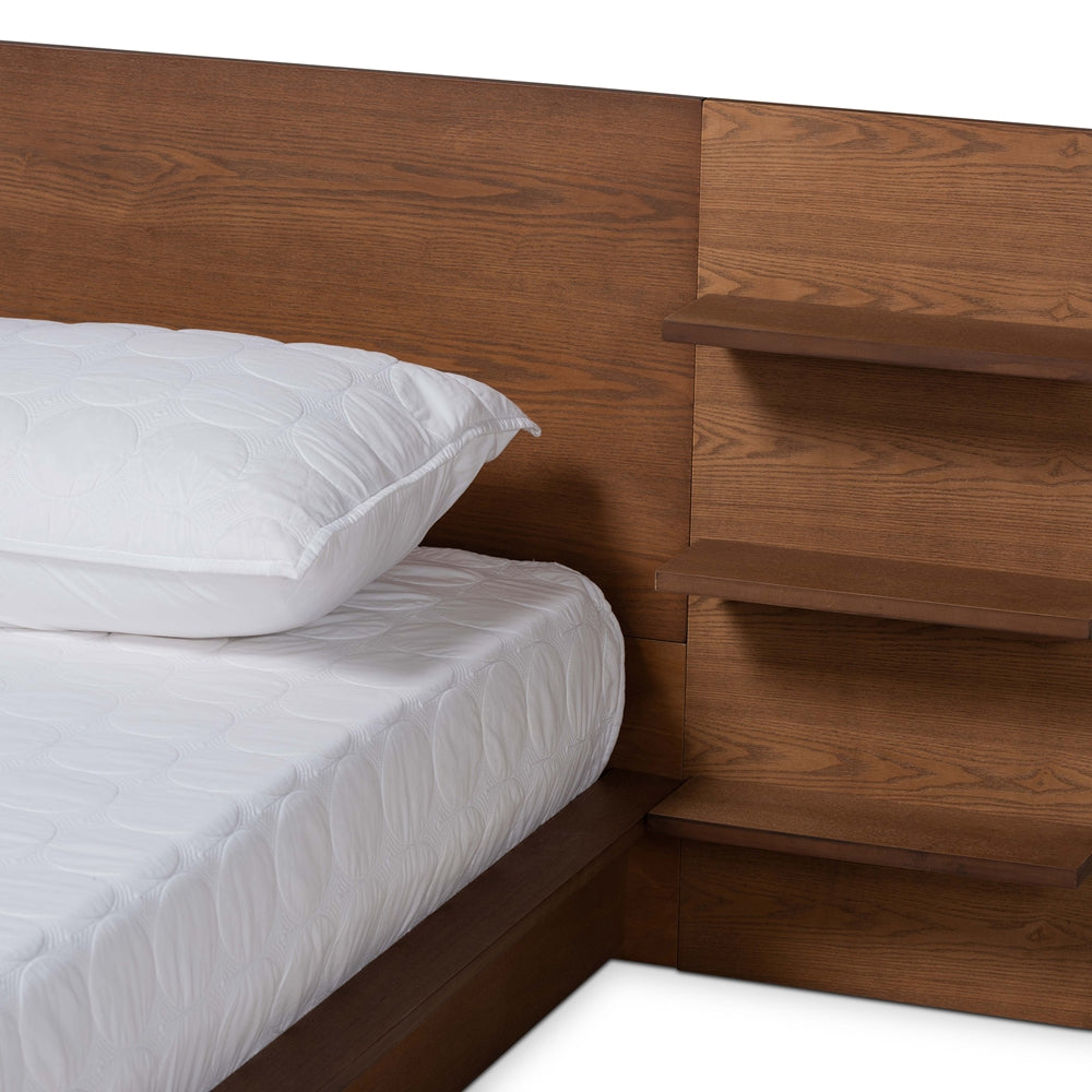 Elina King Bed Modern Walnut Wood with Built-in Storage Shelves