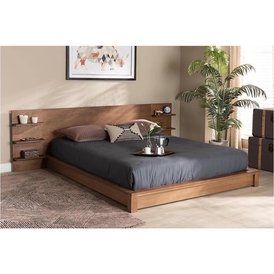 Elina King Bed Modern Walnut Wood with Built-in Storage Shelves