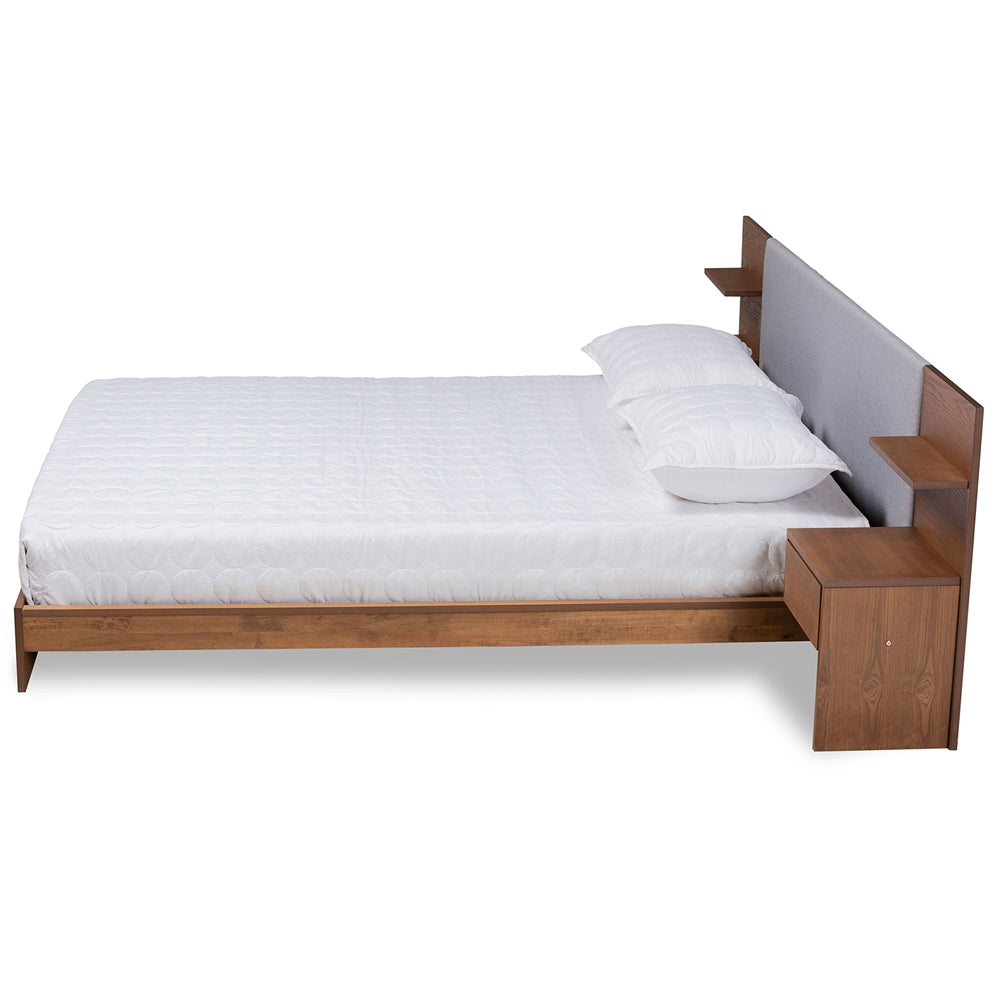 Sami Queen Bed Contemporary Light Grey Fabric & Walnut Wood with Storage