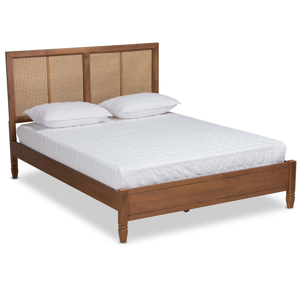 Redmond Mid-Century Modern Walnut Brown with Rattan Accent Queen Bed