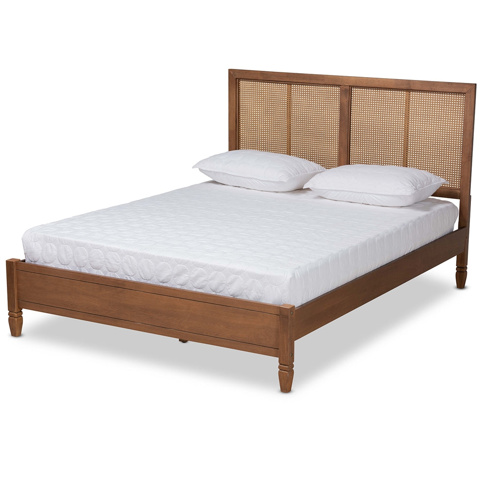 Redmond Mid-Century Modern Walnut & Synthetic Rattan King Size Bed