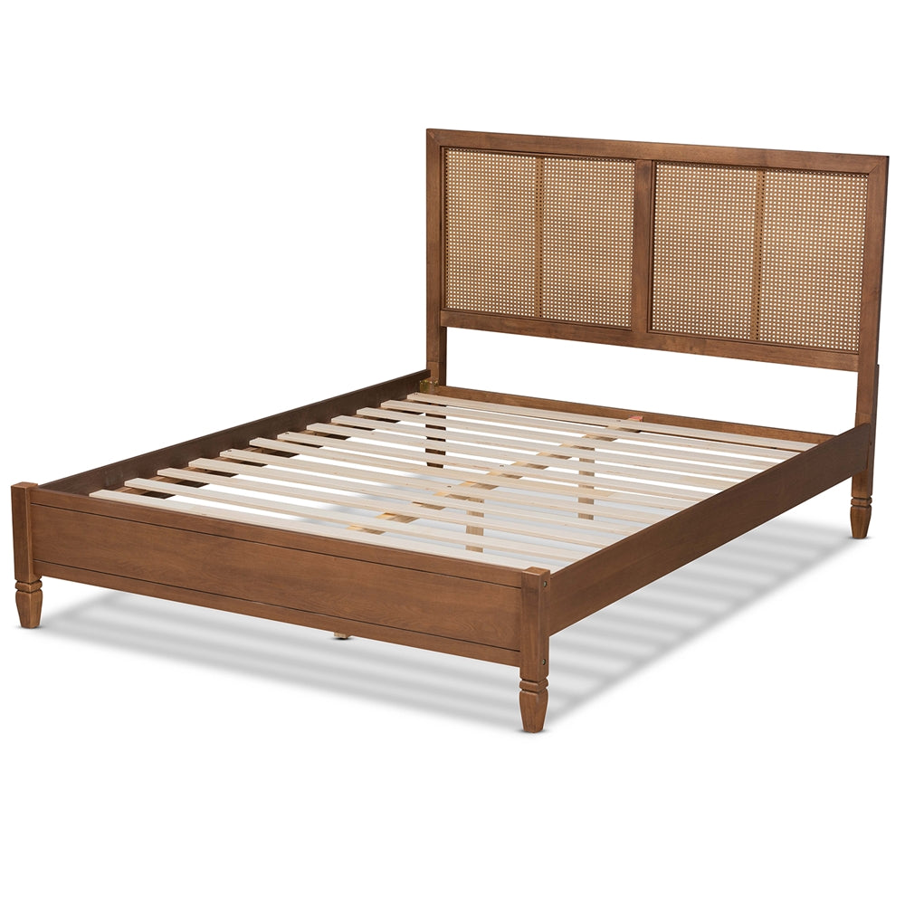 Redmond Mid-Century Modern Walnut Brown with Rattan Accent Queen Bed