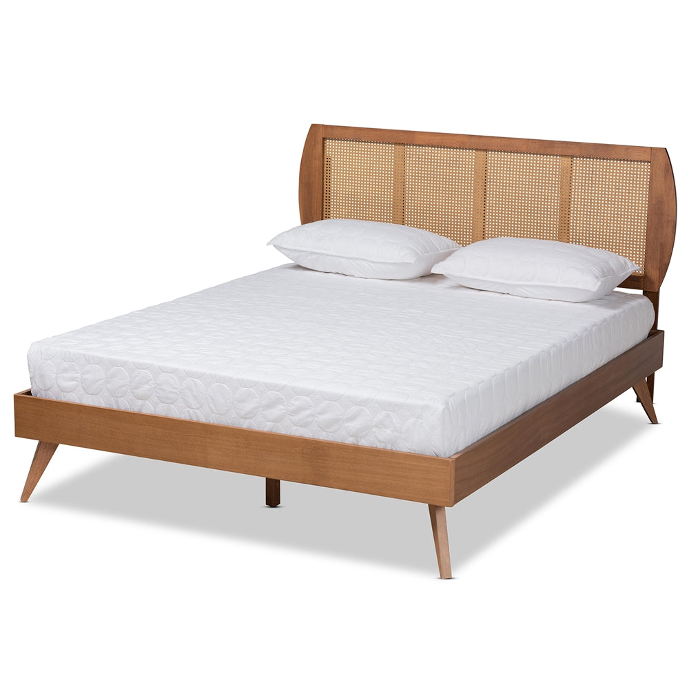 Asami Mid-Century Modern Walnut Brown Finished Wood And Synthetic Rattan Full Size Platform Bed