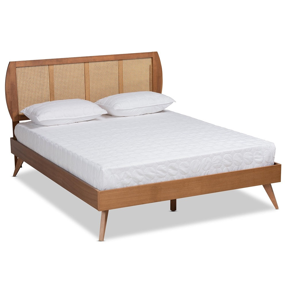 Asami Mid-Century Modern Walnut Brown Finished Wood And Synthetic Rattan Queen Size Platform Bed