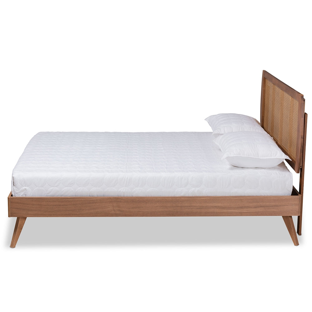 Asami Mid-Century Modern Walnut Brown Finished Wood And Synthetic Rattan Full Size Platform Bed