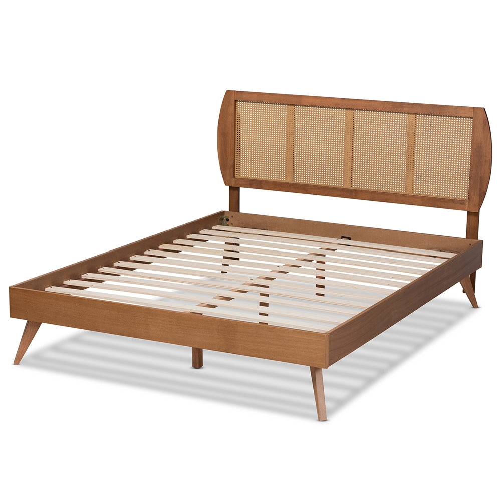 Asami Mid-Century Modern Walnut Brown Finished Wood And Synthetic Rattan Full Size Platform Bed