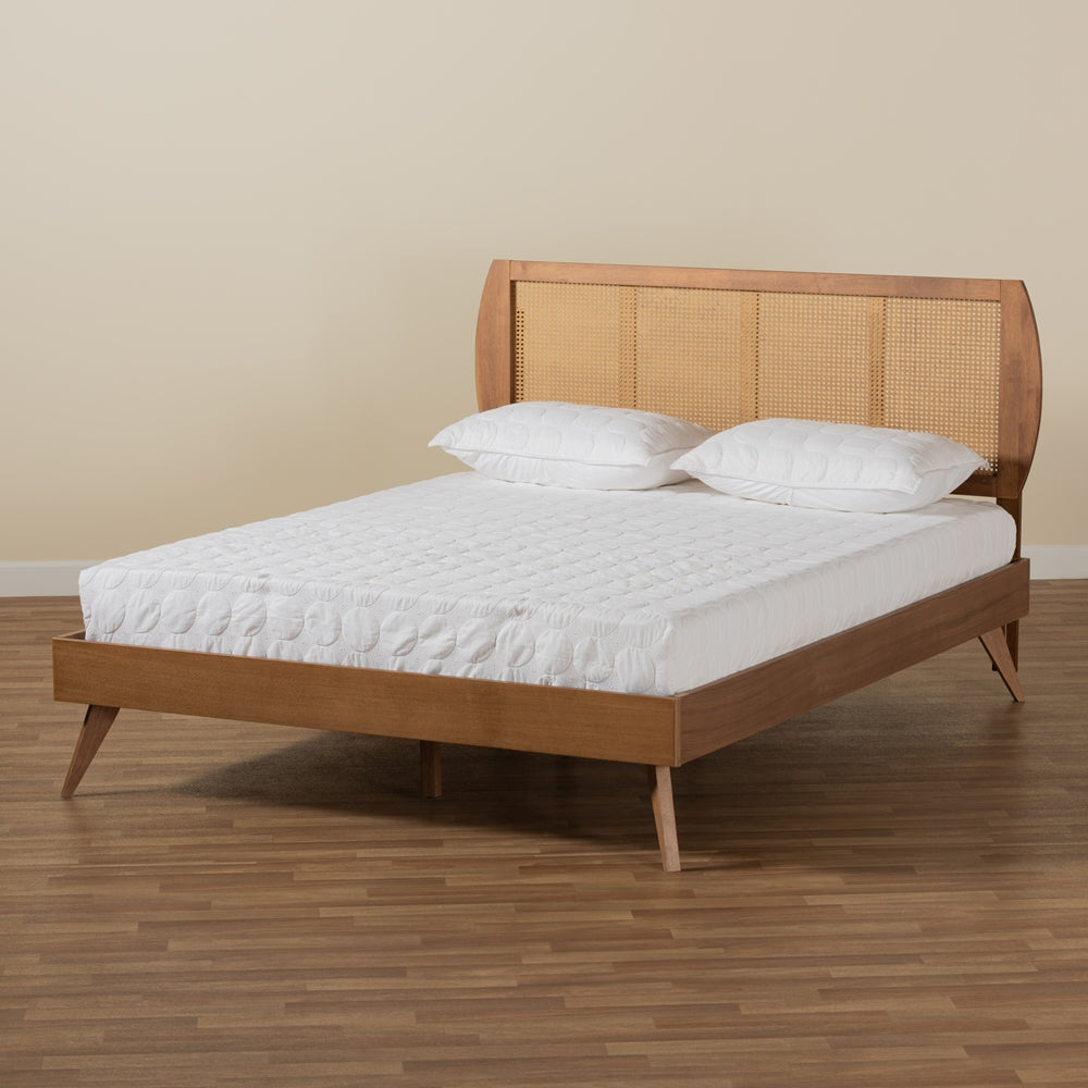 Asami Mid-Century Modern Walnut Brown Finished Wood And Synthetic Rattan Full Size Platform Bed