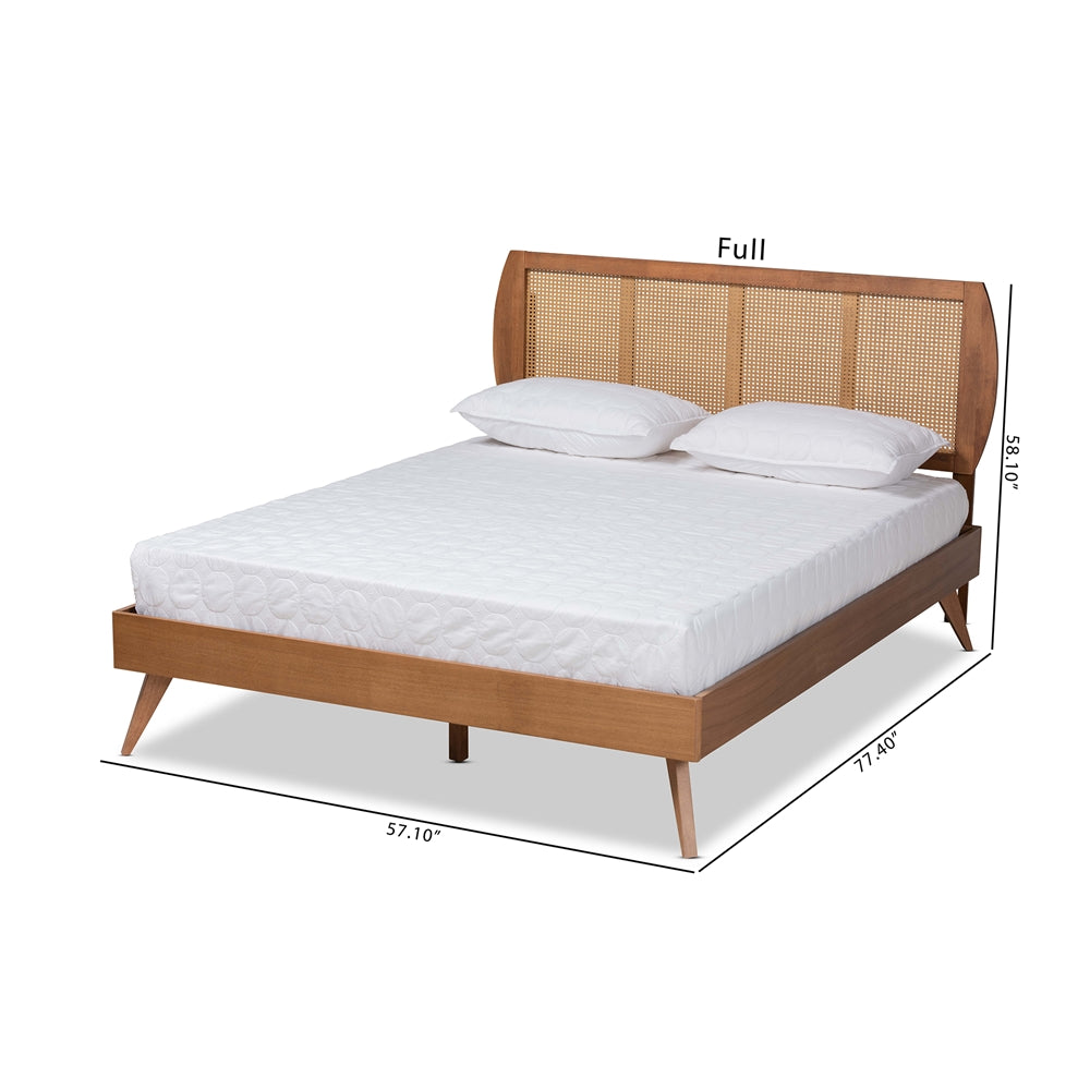 Asami Mid-Century Modern Walnut Brown Finished Wood And Synthetic Rattan Full Size Platform Bed