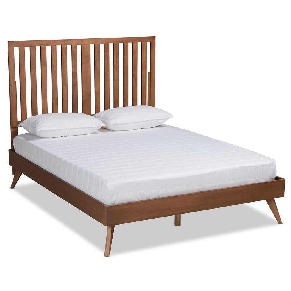 Saki Mid-Century Modern Walnut Brown Finished Wood Queen Size Platform Bed