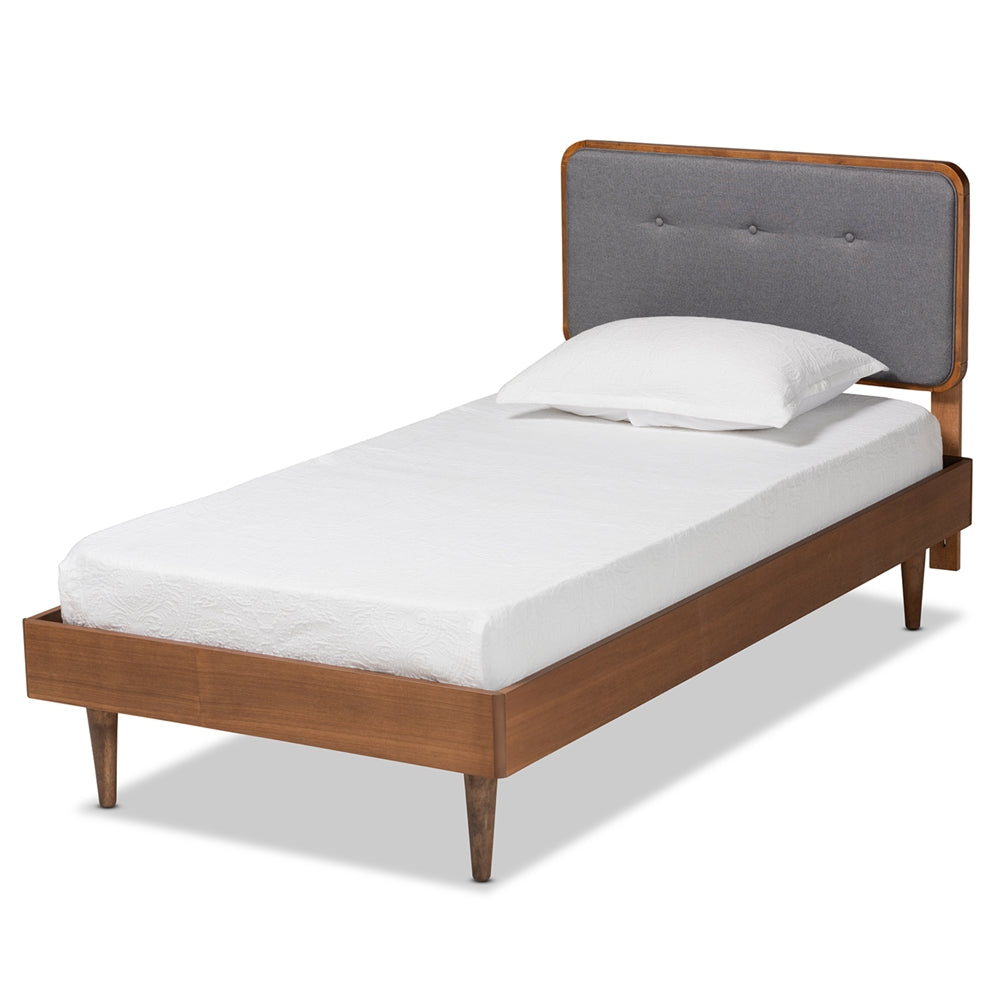 Cilka Twin Size Platform Bed in Light Grey Fabric & Ash Walnut Wood