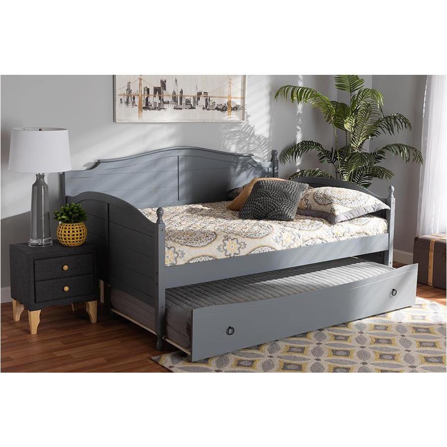 Mara Grey Finished Wood Full Size Daybed With Roll-Out Trundle Bed