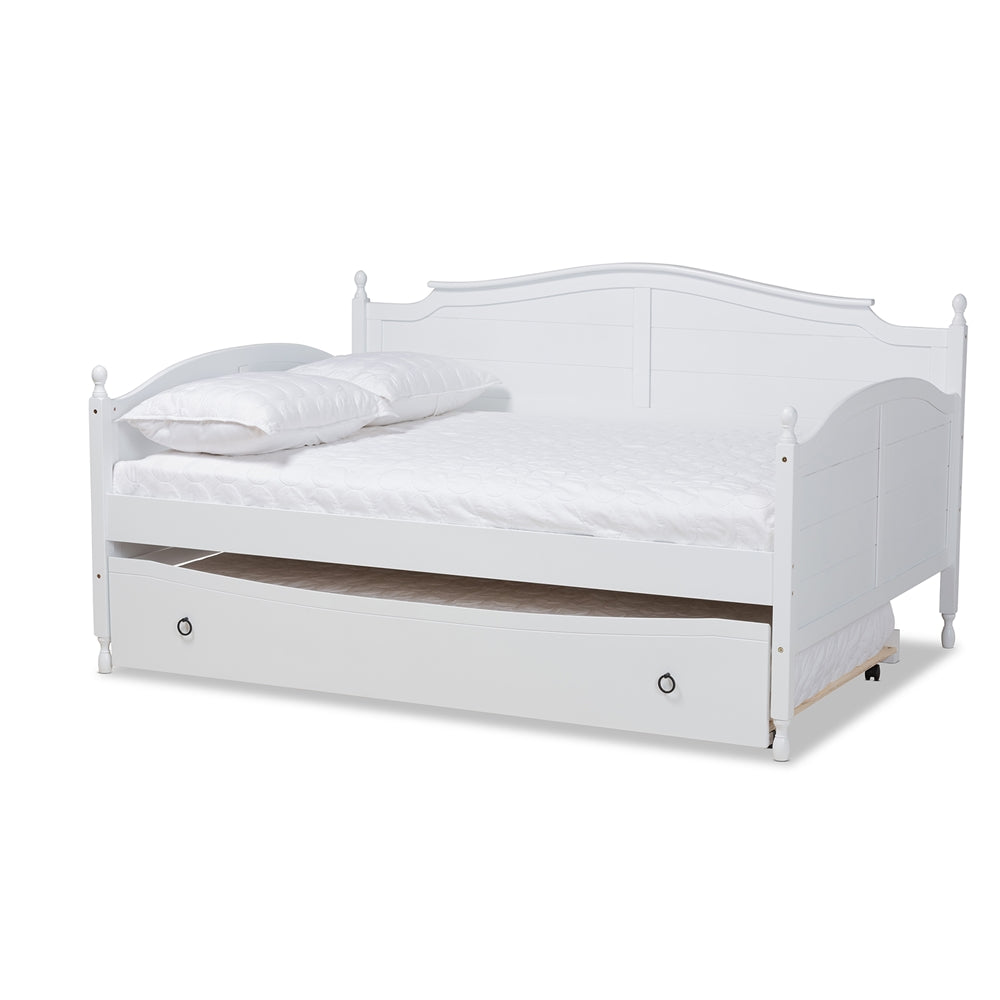 Mara Full Daybed Cottage Farmhouse White Wood with Roll-Out Trundle