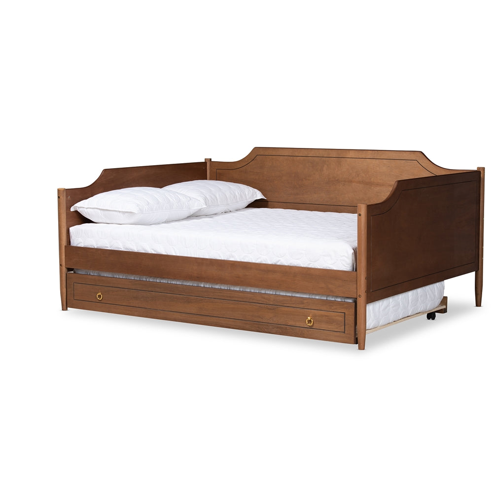 Alya Full Daybed Traditional Farmhouse Walnut Wood With Roll-Out Trundle