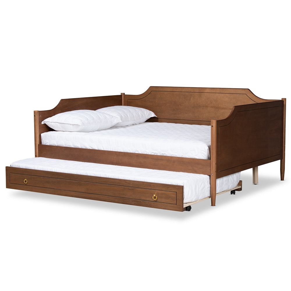 Alya Full Daybed Traditional Farmhouse Walnut Wood With Roll-Out Trundle