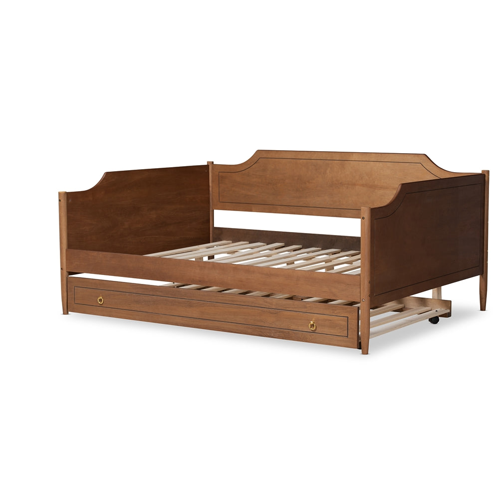 Alya Full Daybed Traditional Farmhouse Walnut Wood With Roll-Out Trundle