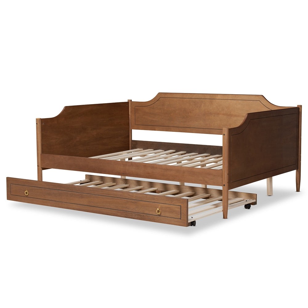 Alya Full Daybed Traditional Farmhouse Walnut Wood With Roll-Out Trundle