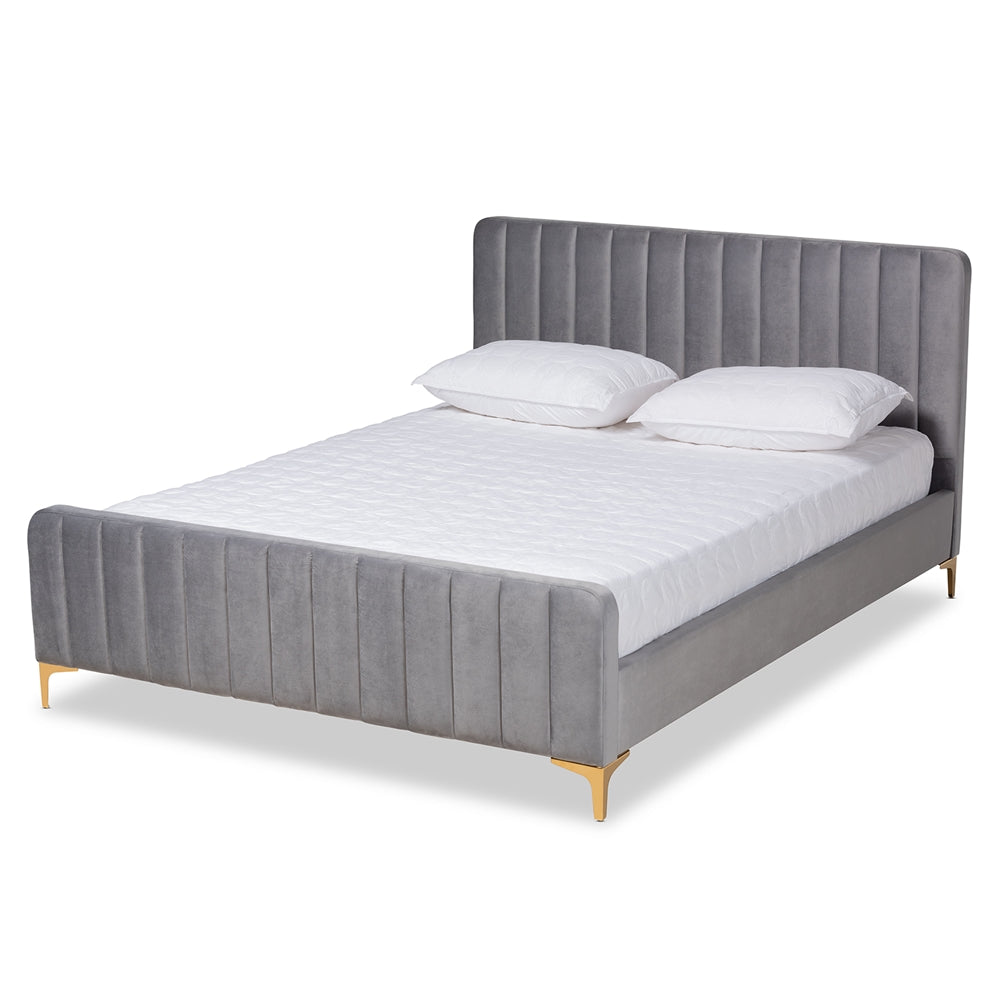 Nami Queen Bed Luxe Glam Grey Velvet Upholstery with Gold Finish