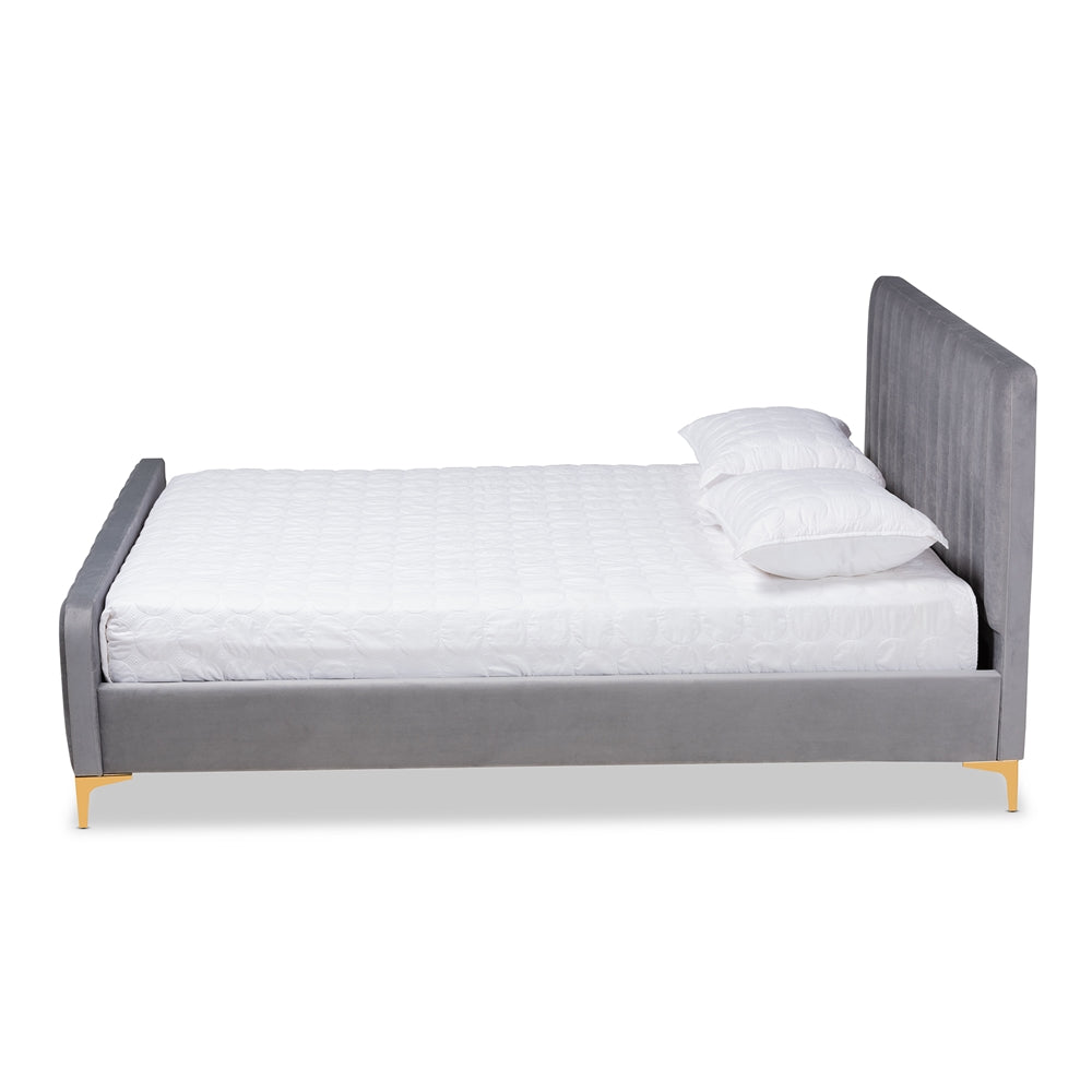 Nami Queen Bed Luxe Glam Grey Velvet Upholstery with Gold Finish