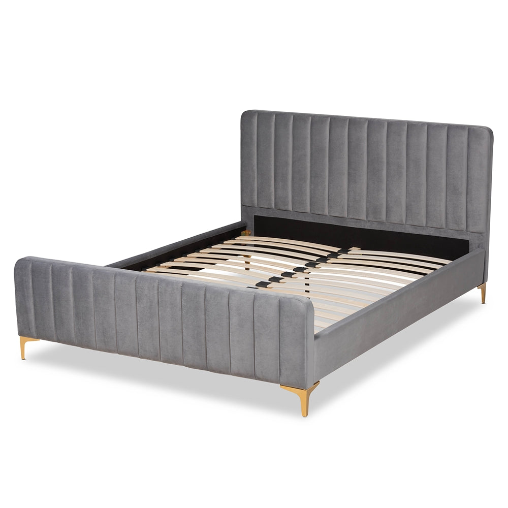 Nami Queen Bed Luxe Glam Grey Velvet Upholstery with Gold Finish